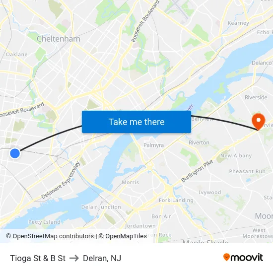 Tioga St & B St to Delran, NJ map