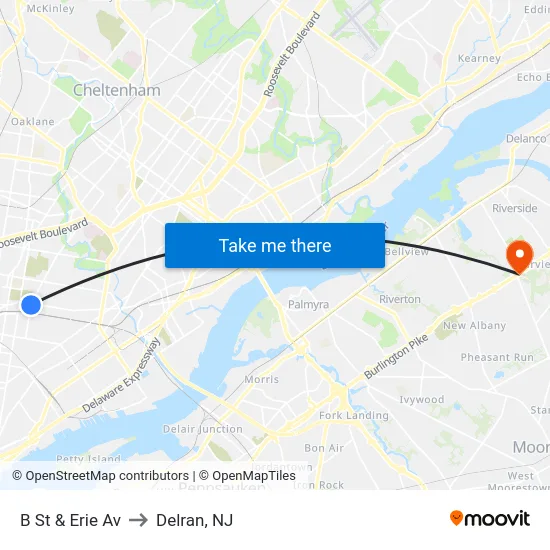 B St & Erie Av to Delran, NJ map