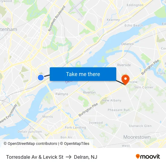 Torresdale Av & Levick St to Delran, NJ map
