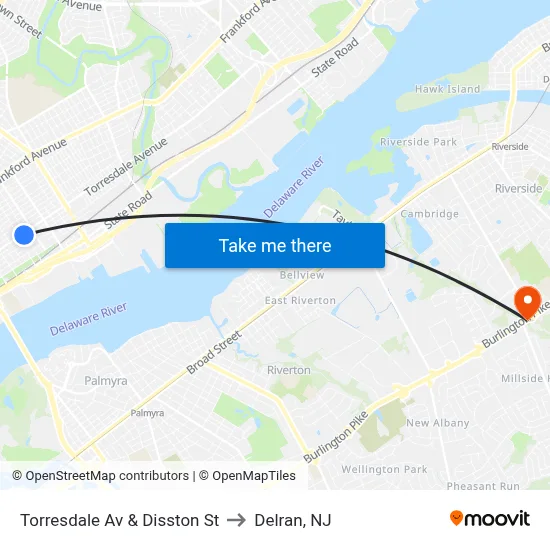 Torresdale Av & Disston St to Delran, NJ map