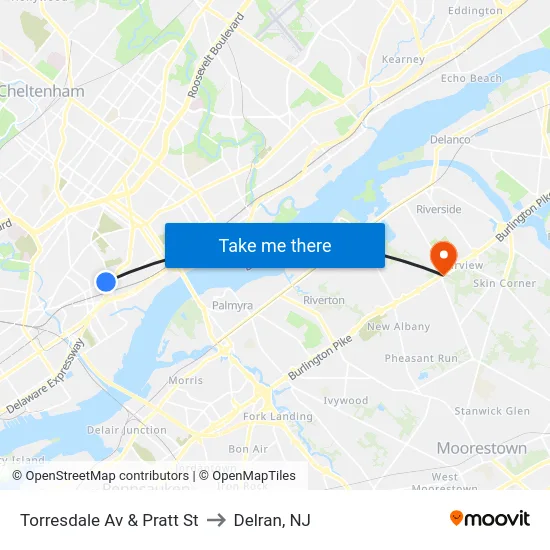 Torresdale Av & Pratt St to Delran, NJ map