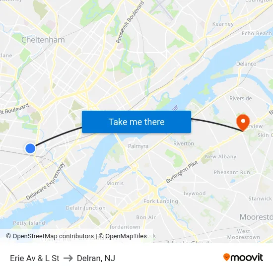 Erie Av & L St to Delran, NJ map