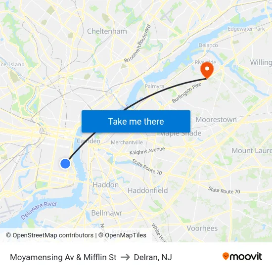 Moyamensing Av & Mifflin St to Delran, NJ map