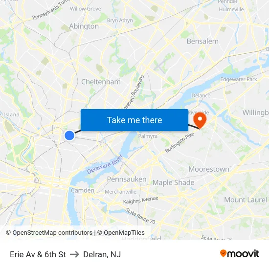 Erie Av & 6th St to Delran, NJ map