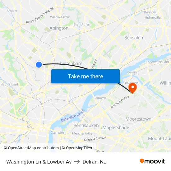 Washington Ln & Lowber Av to Delran, NJ map