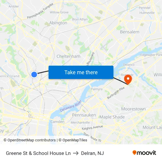 Greene St & School House Ln to Delran, NJ map