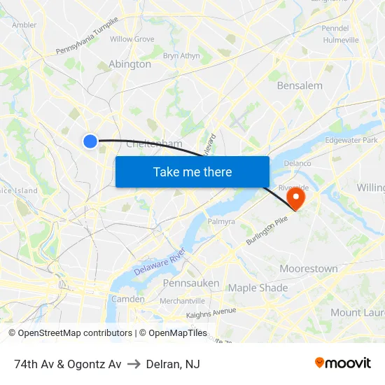 74th Av & Ogontz Av to Delran, NJ map
