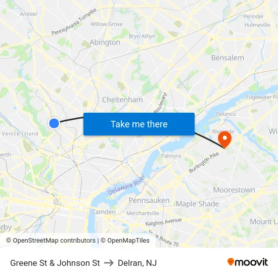 Greene St & Johnson St to Delran, NJ map