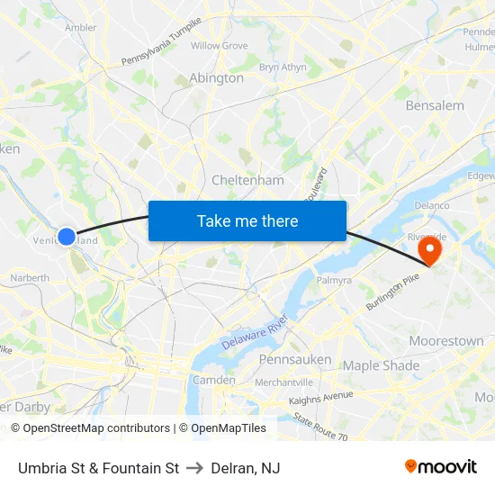 Umbria St & Fountain St to Delran, NJ map