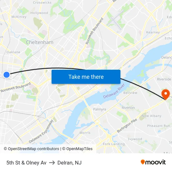 5th St & Olney Av to Delran, NJ map