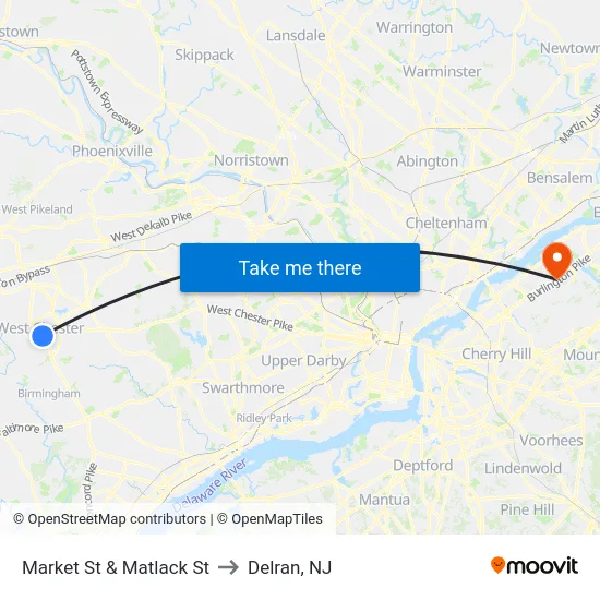 Market St & Matlack St to Delran, NJ map