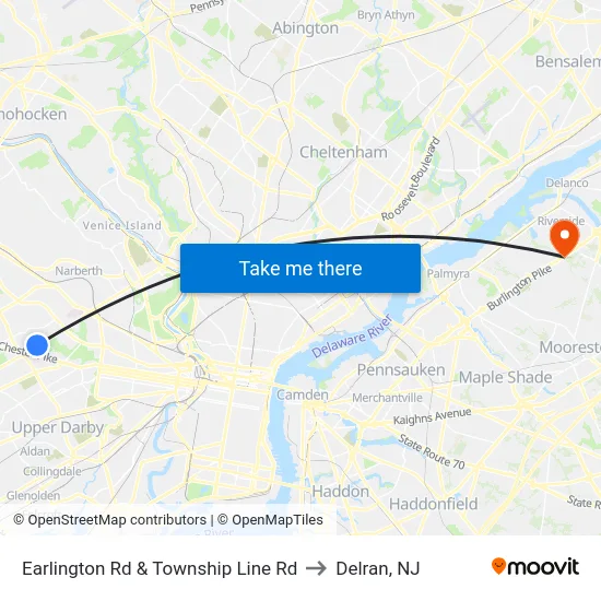 Earlington Rd & Township Line Rd to Delran, NJ map
