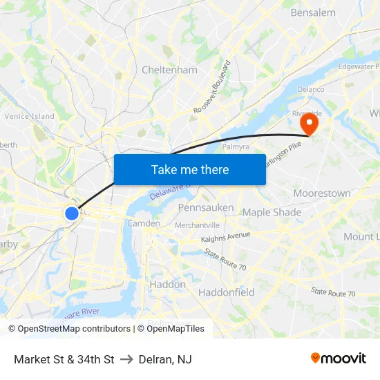Market St & 34th St to Delran, NJ map