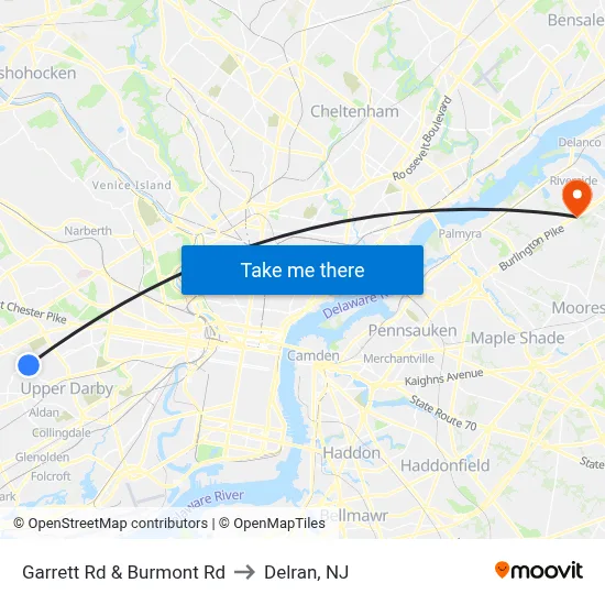 Garrett Rd & Burmont Rd to Delran, NJ map