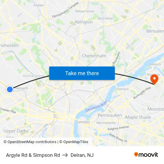 Argyle Rd & Simpson Rd to Delran, NJ map