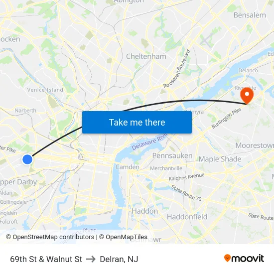 69th St & Walnut St to Delran, NJ map