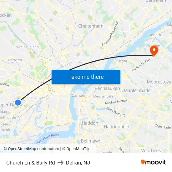 Church Ln & Baily Rd to Delran, NJ map