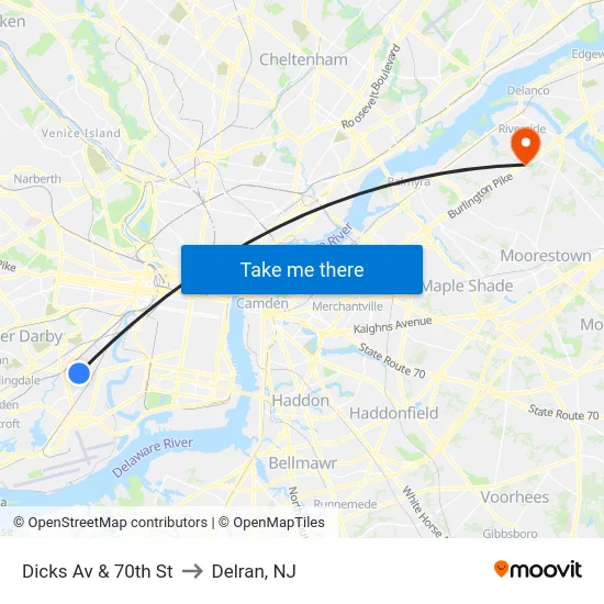 Dicks Av & 70th St to Delran, NJ map