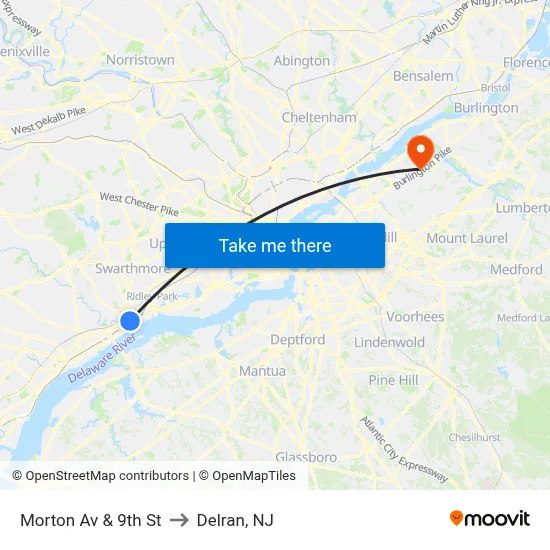 Morton Av & 9th St to Delran, NJ map