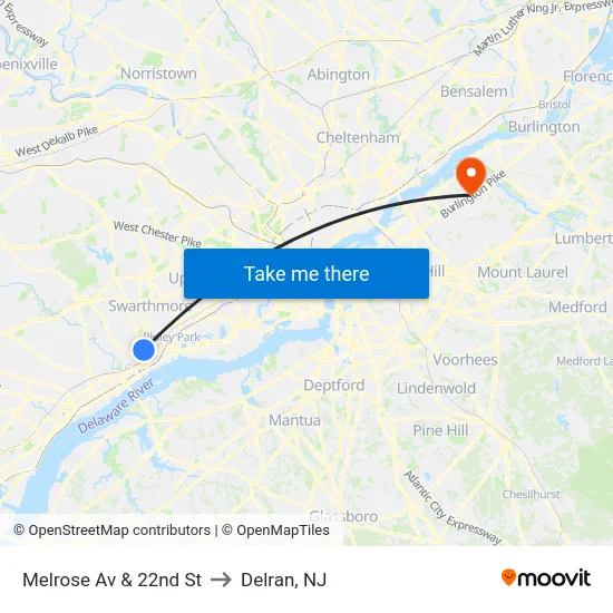 Melrose Av & 22nd St to Delran, NJ map