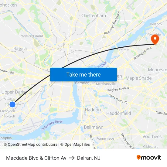 Macdade Blvd & Clifton Av to Delran, NJ map