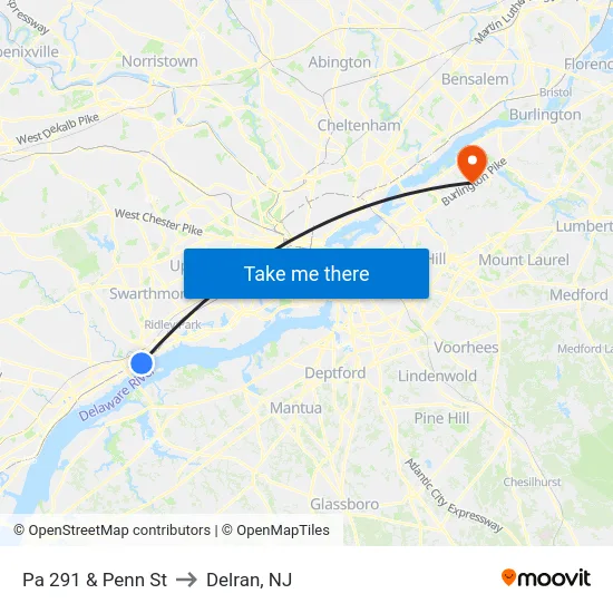 Pa 291 & Penn St to Delran, NJ map