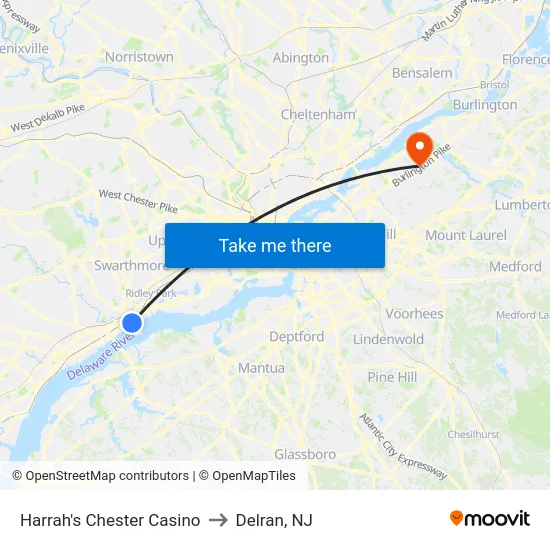Harrah's Chester Casino to Delran, NJ map