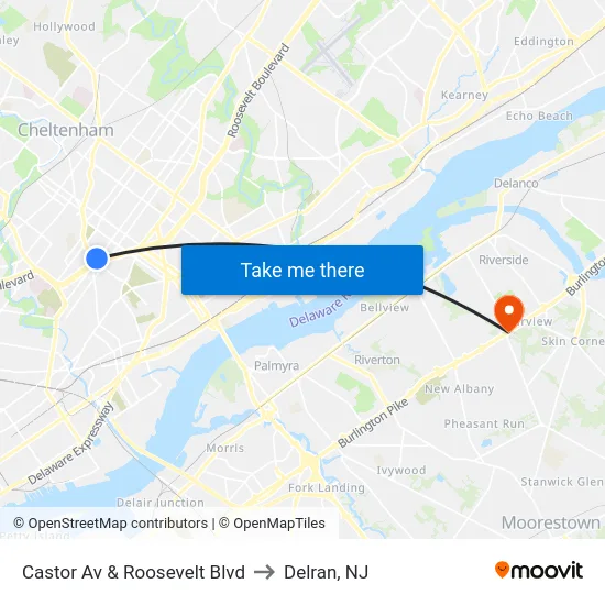 Castor Av & Roosevelt Blvd to Delran, NJ map