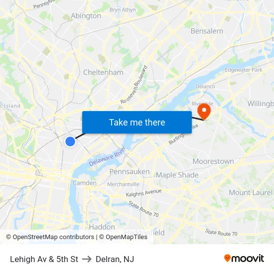 Lehigh Av & 5th St to Delran, NJ map