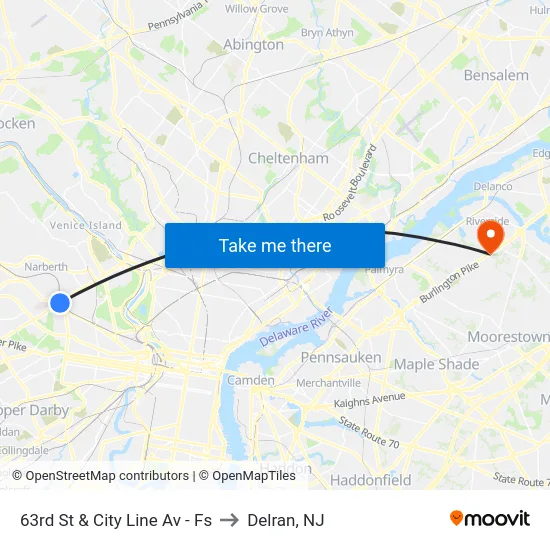 63rd St & City Line Av - Fs to Delran, NJ map