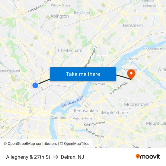 Allegheny & 27th St to Delran, NJ map