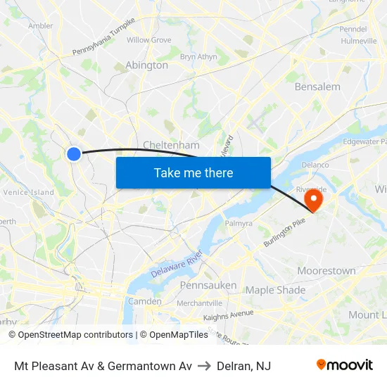 Mt Pleasant Av & Germantown Av to Delran, NJ map