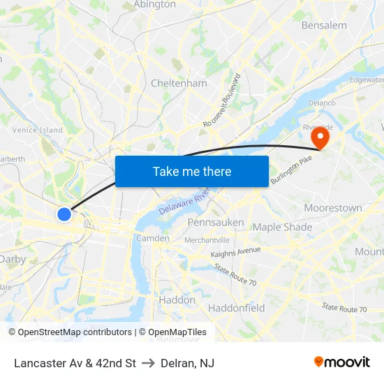 Lancaster Av & 42nd St to Delran, NJ map