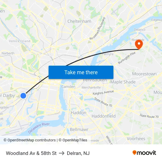 Woodland Av & 58th St to Delran, NJ map