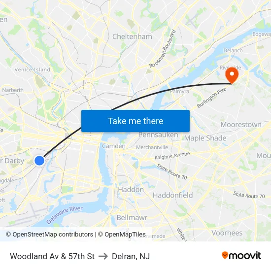 Woodland Av & 57th St to Delran, NJ map