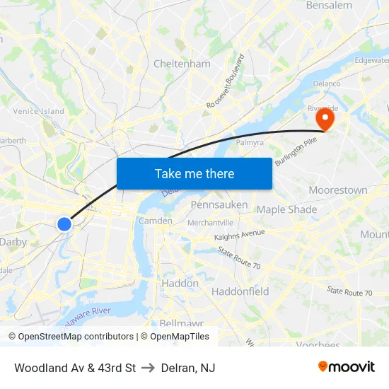 Woodland Av & 43rd St to Delran, NJ map