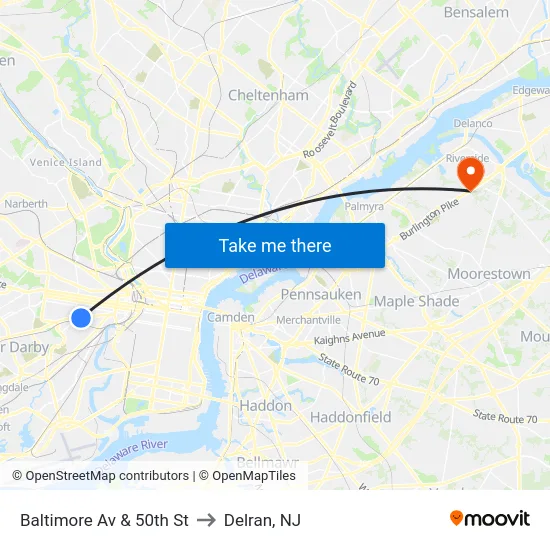 Baltimore Av & 50th St to Delran, NJ map