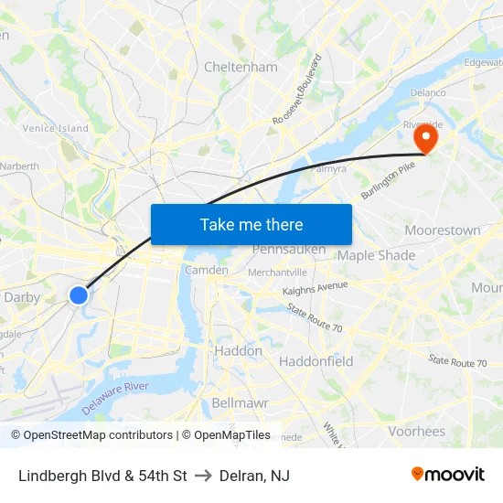 Lindbergh Blvd & 54th St to Delran, NJ map