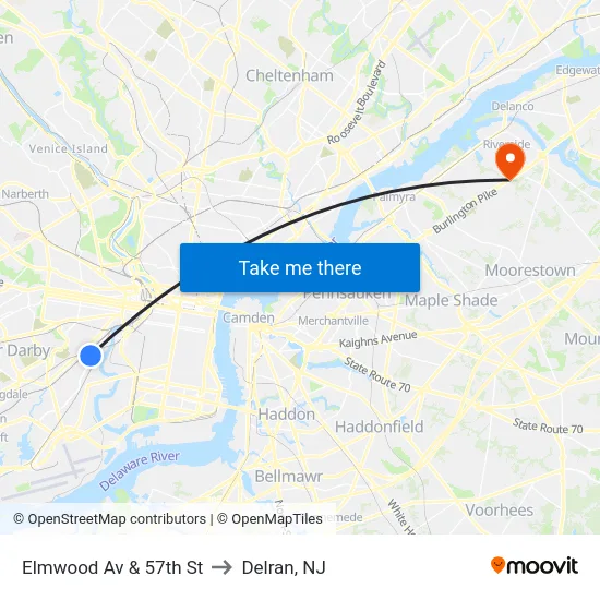 Elmwood Av & 57th St to Delran, NJ map