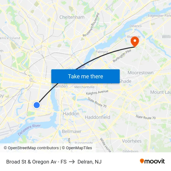 Broad St & Oregon Av - FS to Delran, NJ map