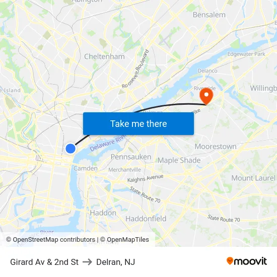 Girard Av & 2nd St to Delran, NJ map