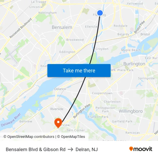 Bensalem Blvd & Gibson Rd to Delran, NJ map