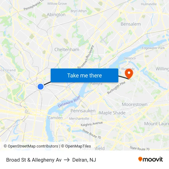 Broad St & Allegheny Av to Delran, NJ map