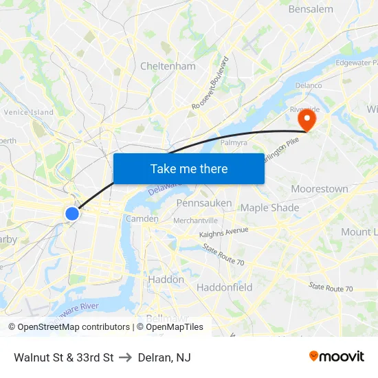Walnut St & 33rd St to Delran, NJ map