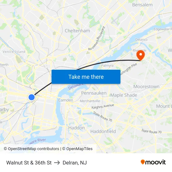 Walnut St & 36th St to Delran, NJ map