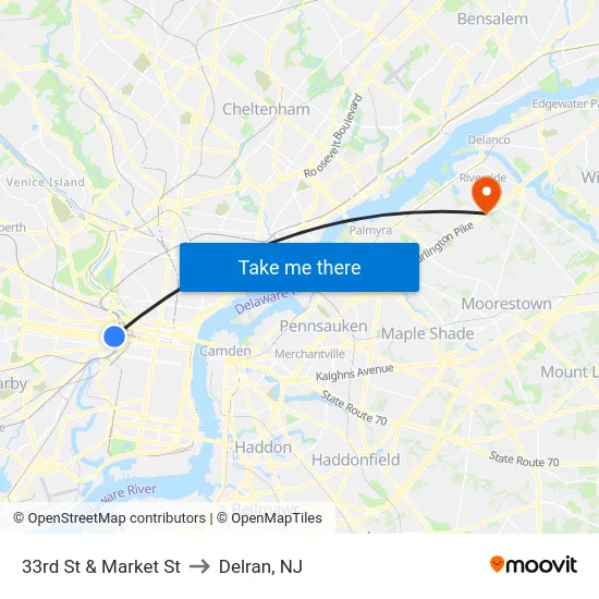 33rd St & Market St to Delran, NJ map