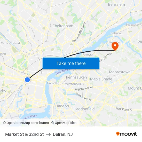 Market St & 32nd St to Delran, NJ map