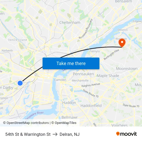 54th St & Warrington St to Delran, NJ map