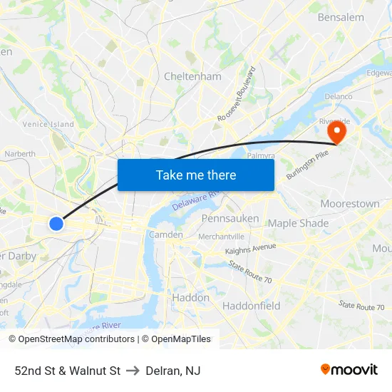52nd St & Walnut St to Delran, NJ map