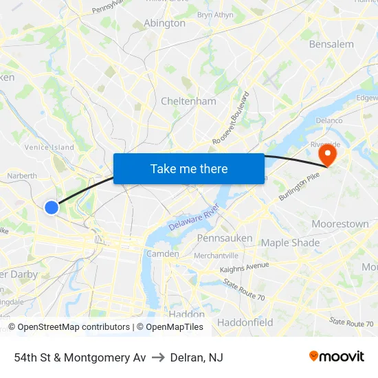 54th St & Montgomery Av to Delran, NJ map